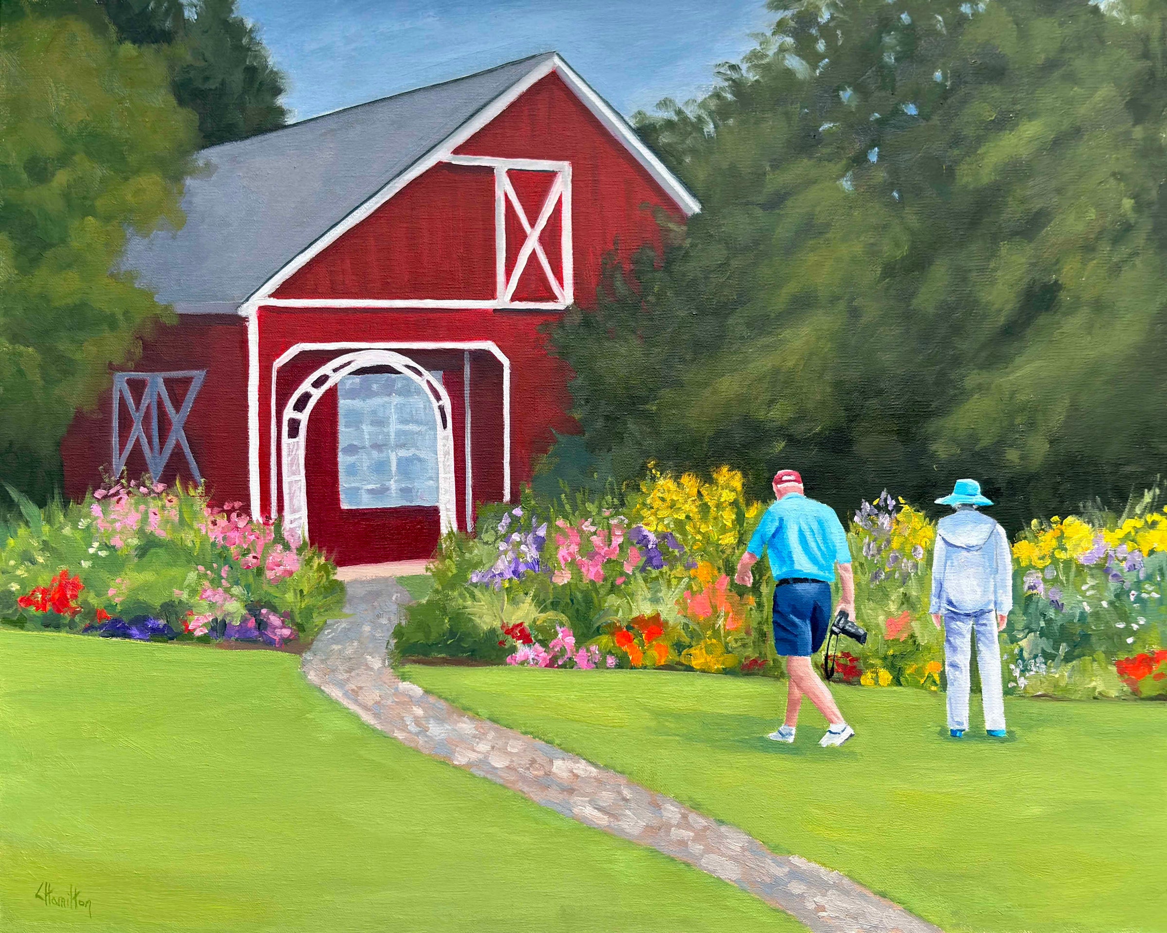 Painting of a red barn with two people walking towards it in a garden.